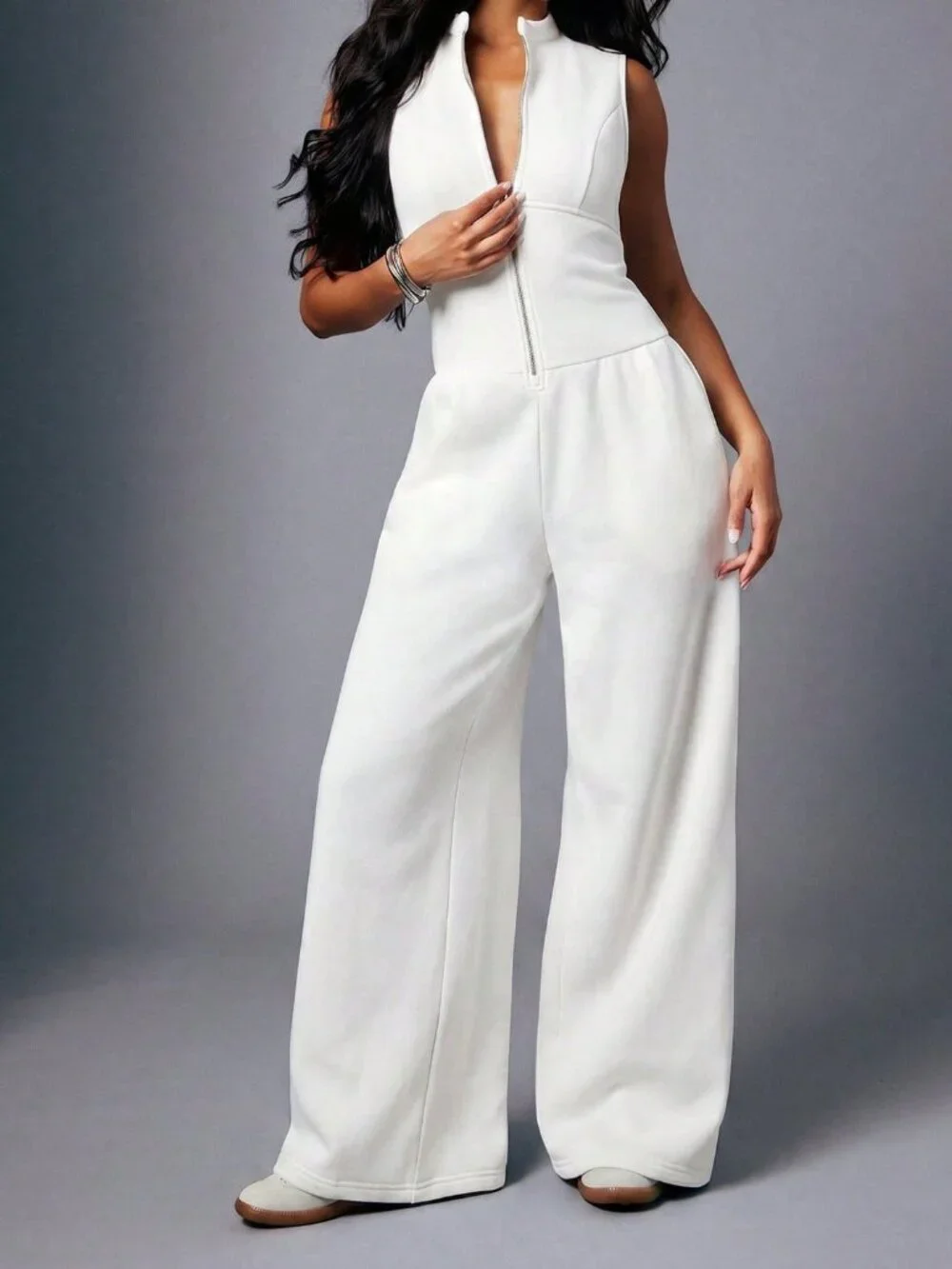 White Sexy Casual Women's Zip Up Sweatshirt Jumpsuit